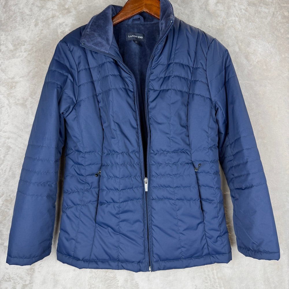 Lands End Navy Blue Quilted Puffer Jacket Fleece Lined XS 2-4 Full Zip